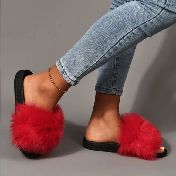 BRAND NEW ROUGE HELUIM FAUX FUR OPEN TOE WOMEN"S SANDAL - Picture 1 of 12